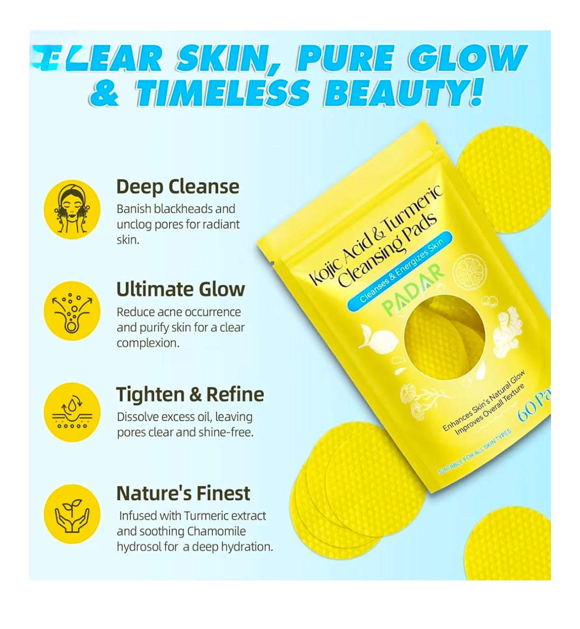 Kojic acid turmeric cleansing pads (pack of 60 pcs)